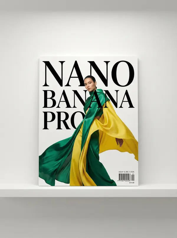 A photo of a glossy magazine cover, the cover has the large bold words "Nano… — Nano Banana Pro prompt by @NanoBanana