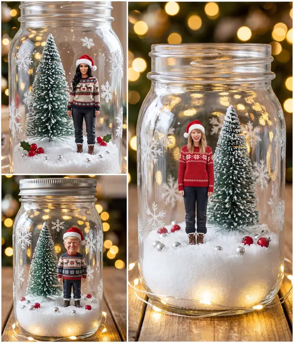 Ultra realistic vertical Christmas photo of a closed clear glass mason jar snow… — Nano Banana Pro prompt by @Samann_ai