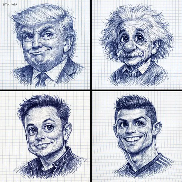 A detailed ballpoint pen sketch of [CHARACTER] drawn on checkered notebook… — Nano Banana Pro prompt by @TechieBySA