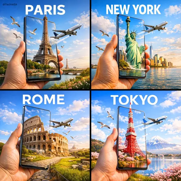 A hyper-realistic travel advertisement in square format (1080x1080), featuring… — Nano Banana Pro prompt by @TechieBySA