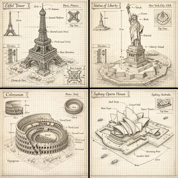Create a hand drawn isometric schematic diagram of [LANDMARK]. 1080x1080… — Nano Banana Pro prompt by @TechieBySA