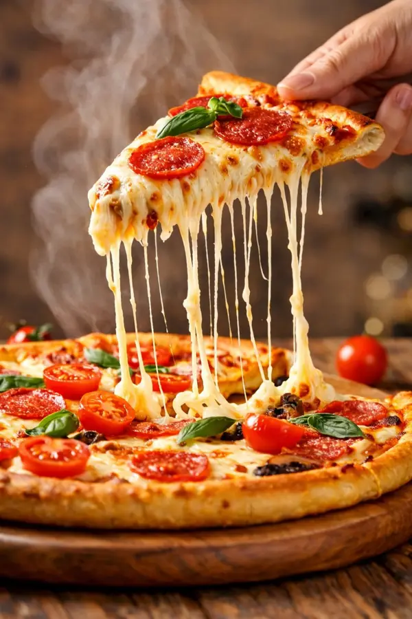 A hyper-realistic, cinematic close-up of a freshly baked pepperoni pizza slice… — Nano Banana Pro prompt by @Strength04_X
