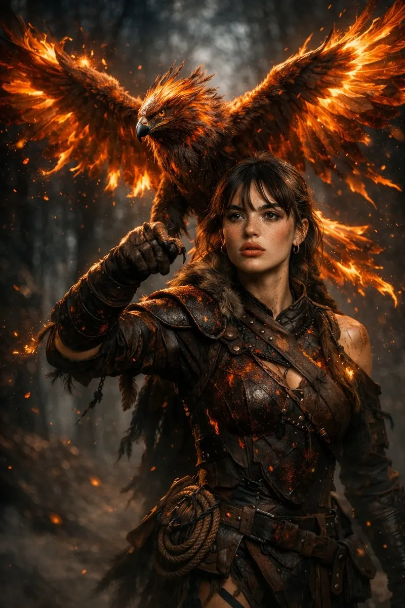 [中文] 一幅充满奇幻色彩的电影场景：一位英姿飒爽的女战士兼猎鹰师，身着饱经战火洗礼、饰以闪耀余烬纹理的皮甲，漫步于幽暗迷雾笼罩的森林之中。她高举手臂，指挥着一… — GPT Image 2 prompt by @iamsofiaijaz
