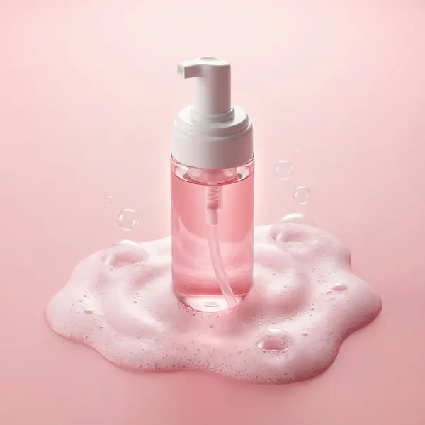 Premium minimalist skincare product photography. A translucent pink liquid… — Nano Banana Pro prompt by @oggii_0