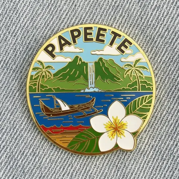 Close-up photo of a collectible enamel pin of [CITY], gold-plated metal edges,… — Nano Banana Pro prompt by @Kerroudjm