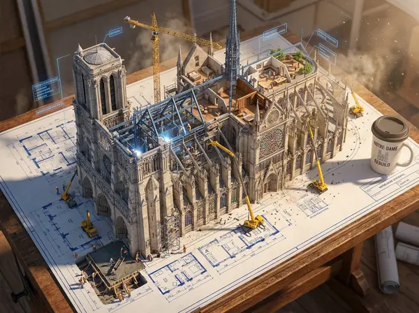 Epic 3D scene: a massive architectural blueprint of [BUILDING/STRUCTURE] pinned… — Nano Banana Pro prompt by @AllaAisling