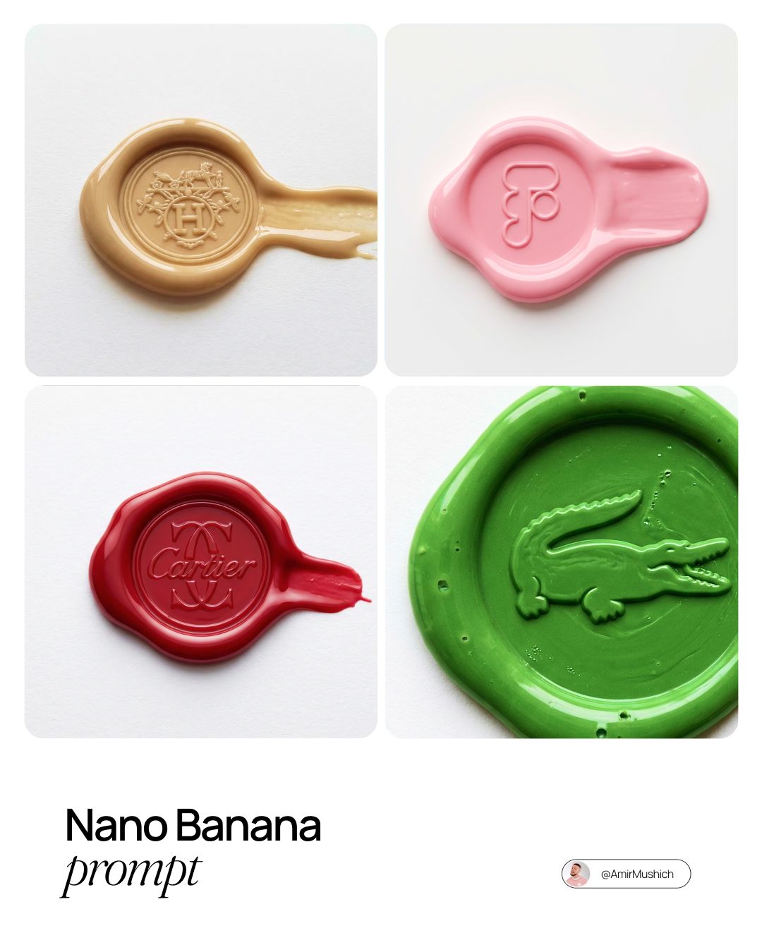 [COLOR] glossy wax seal icon depicting [BRAND NAME] logo, lying flat on a plain… — AI-generated image by @AmirMushich using Nano Banana Pro