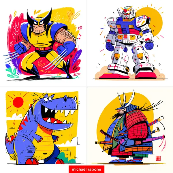 bold, sketchy, graphic illustrations with vibrant flat colours, expressive… — Midjourney prompt by @michaelrabone