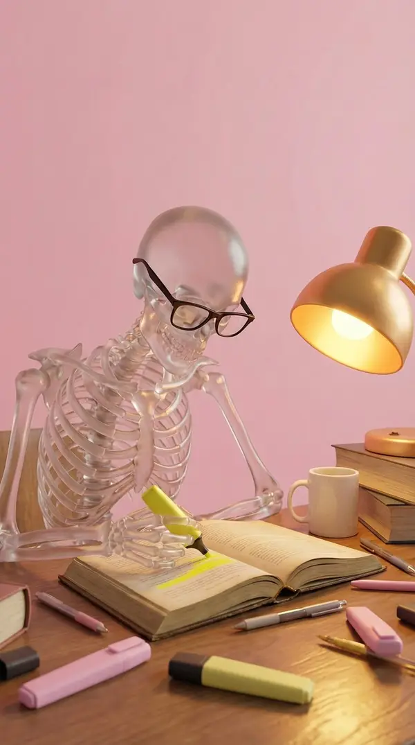 Create a high-quality stylized 3D render of a clear, translucent glass skeleton… — Nano Banana Pro prompt by @0xROAS