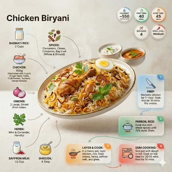 Ultra-clean modern recipe infographic. Showcase briyani in a visually appealing… — Nano Banana Pro prompt by @Strength04_X