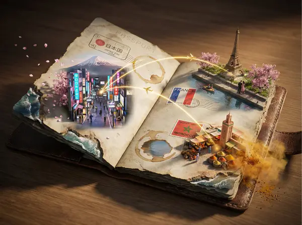 Epic 3D scene: a weathered passport lies open, its visa stamps erupting into… — Nano Banana Pro prompt by @AllaAisling