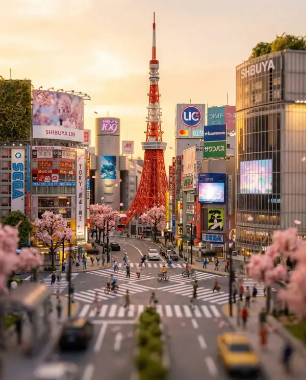 Tilt-shift 3D model diorama in 4:5 aspect ratio, highlighting Tokyo Tower and… — Nano Banana Pro prompt by @oggii_0