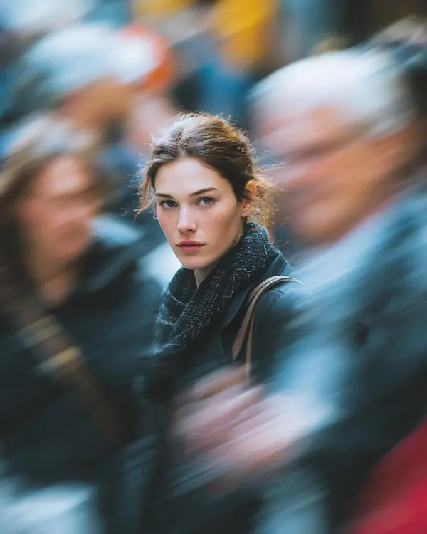 Ultra-realistic cinematic street portrait of a young woman standing still in a… — Nano Banana Pro prompt by @Taaruk_