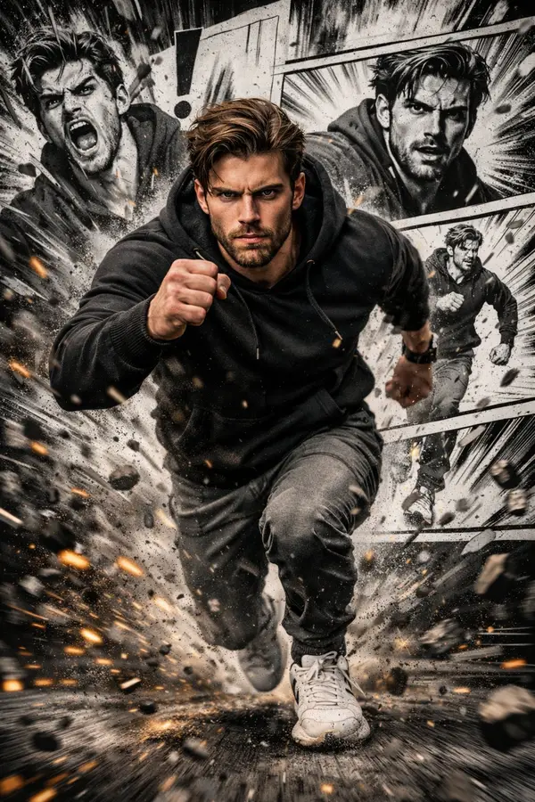 A cinematic, hyper-realistic action portrait of a rugged man sprinting directly… — Nano Banana Pro prompt by @iamsofiaijaz