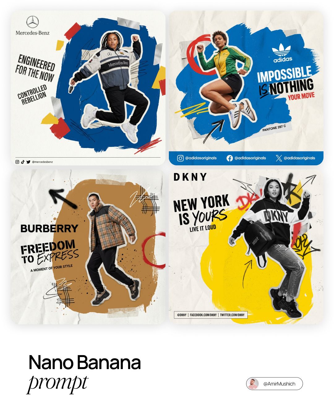 Nano Banana prompt for brands: Fashion photography with graphic design chaos… — AI-generated image by @AmirMushich using Nano Banana Pro