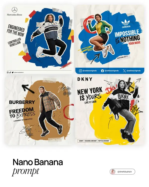 Nano Banana prompt for brands: Fashion photography with graphic design chaos… — Nano Banana Pro prompt by @AmirMushich