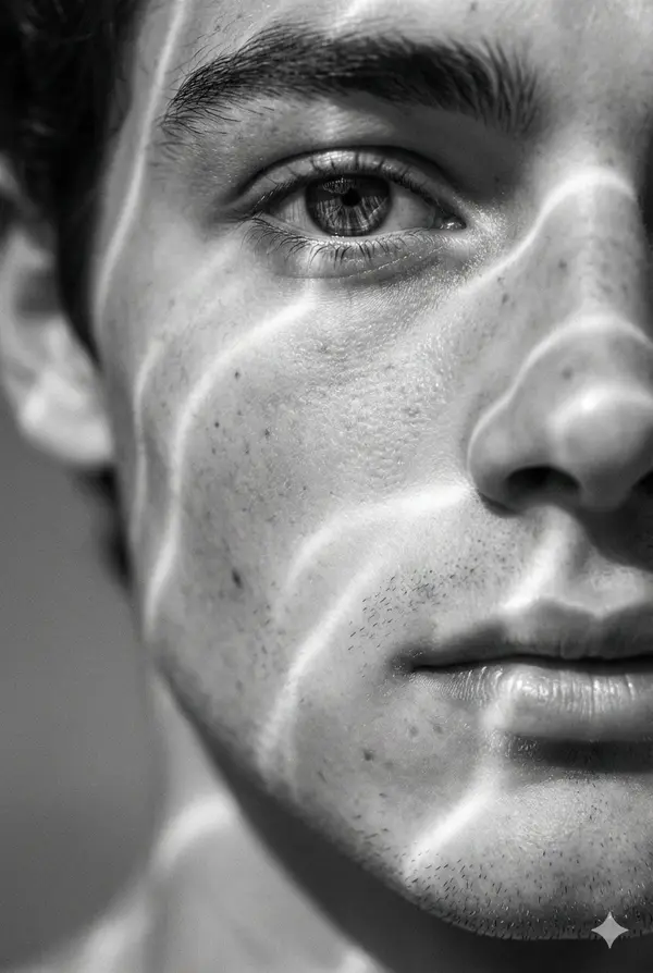 A hyperrealistic 8K black and white extreme close-up portrait of a young man's… — Nano Banana Pro prompt by @harboriis