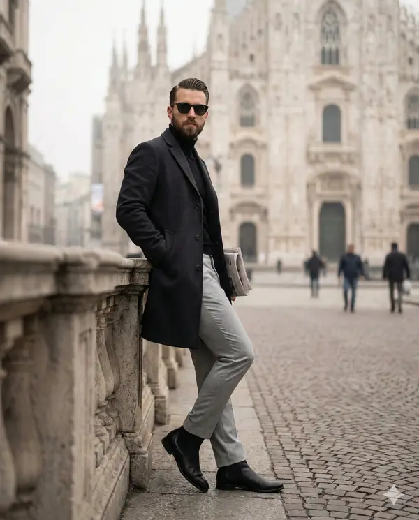 Ultra-realistic full-body portrait of a stylish man leaning casually against a… — Nano Banana Pro prompt by @NanoBanana_labs