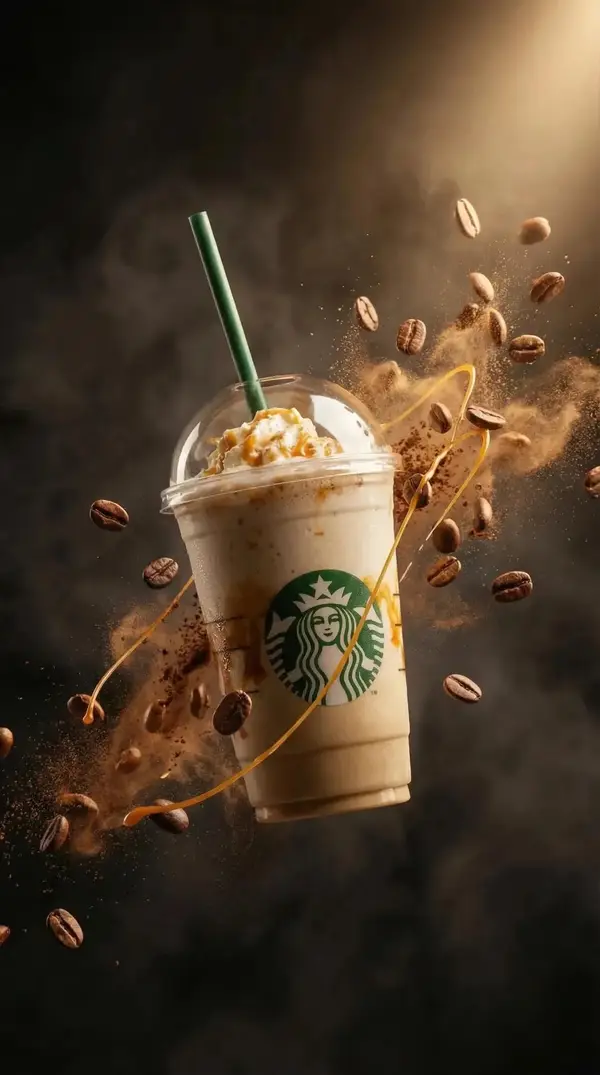 Ultra-realistic commercial product photography of a caramel frappuccino in a… — Nano Banana Pro prompt by @Kashberg_0