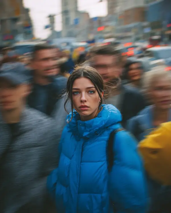 Ultra-realistic cinematic street portrait of a young woman in a bright blue… — Nano Banana Pro prompt by @Kashberg_0