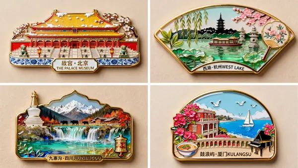 珐琅彩琉璃风格 + 金属边框 + 3~4个地标元素 + 1~2个当地特产符号 + 轮廓造型呼应建筑 — Nano Banana Pro prompt by @VigoCreativeAI