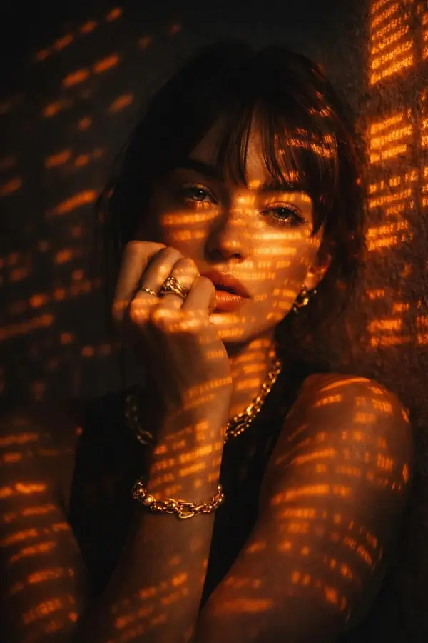 Make a cinematic low-key portrait of a women with dark hair, leaning slightly… — Nano Banana Pro prompt by @iamsofiaijaz