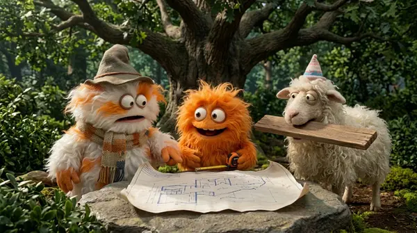 Create a funny 4-part story featuring 3 fluffy creatures building a treehouse.… — Nano Banana 2 prompt by @GoogleAI