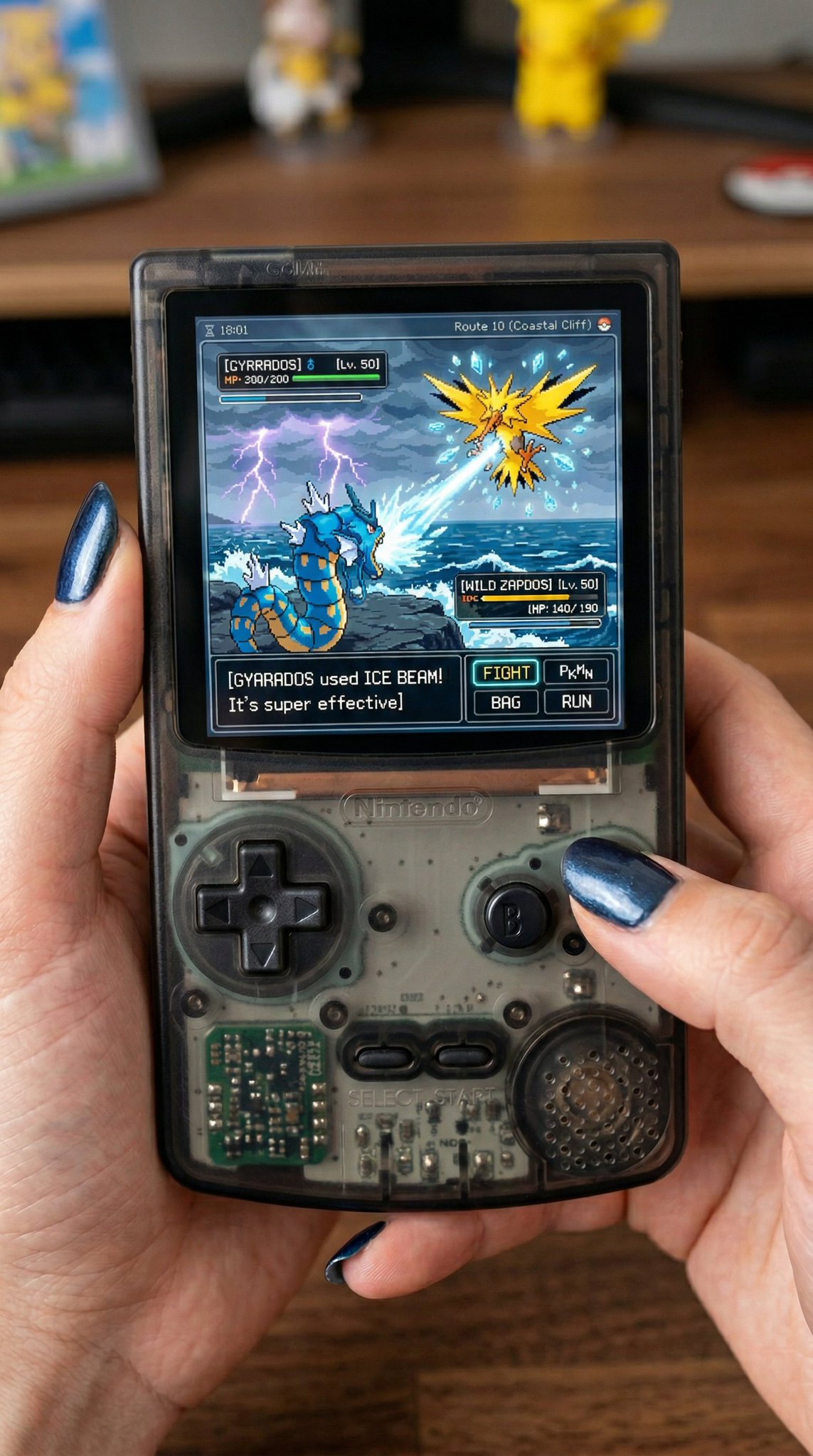 holding a modern see-through gameboy color with shades of black, the reference… — AI-generated image by @ProperPrompter using Nano Banana 2