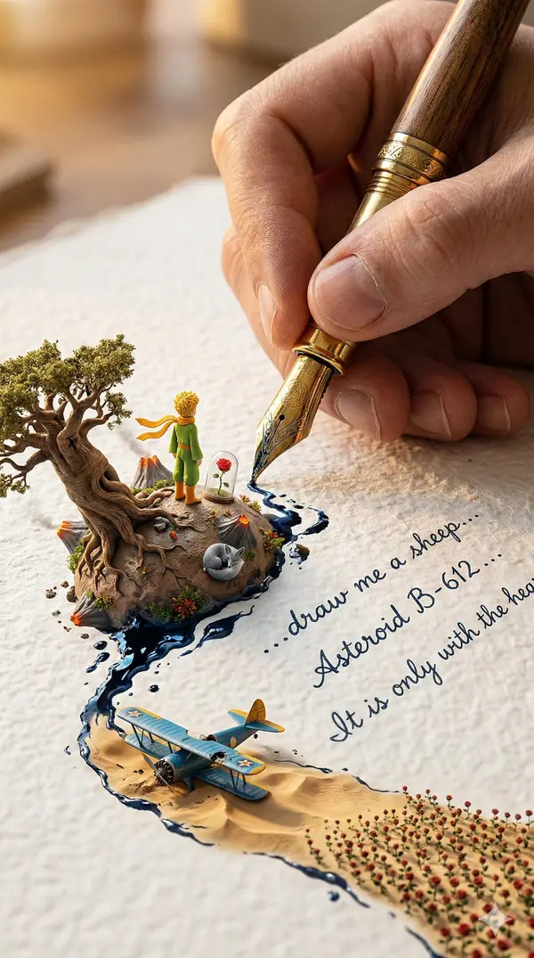A colossal hand gripping an enormous vintage fountain pen, captured in vertical… — Nano Banana 2 prompt by @0x00_Krypt