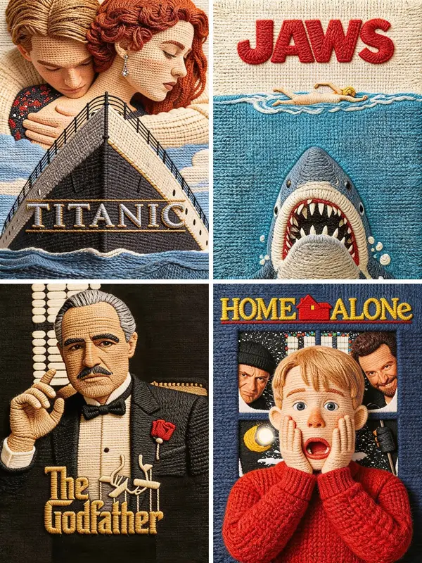 Knitted Movie Posters by Seedream 5.0 Lite on @SocialSight 🧶🎥 Prompt👇🏻… — Seedream prompt by @TechieBySA
