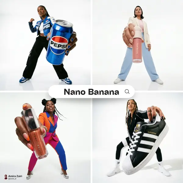 Low-angle fashion campaign photograph of a confident model holding a large… — Nano Banana 2 prompt by @azed_ai