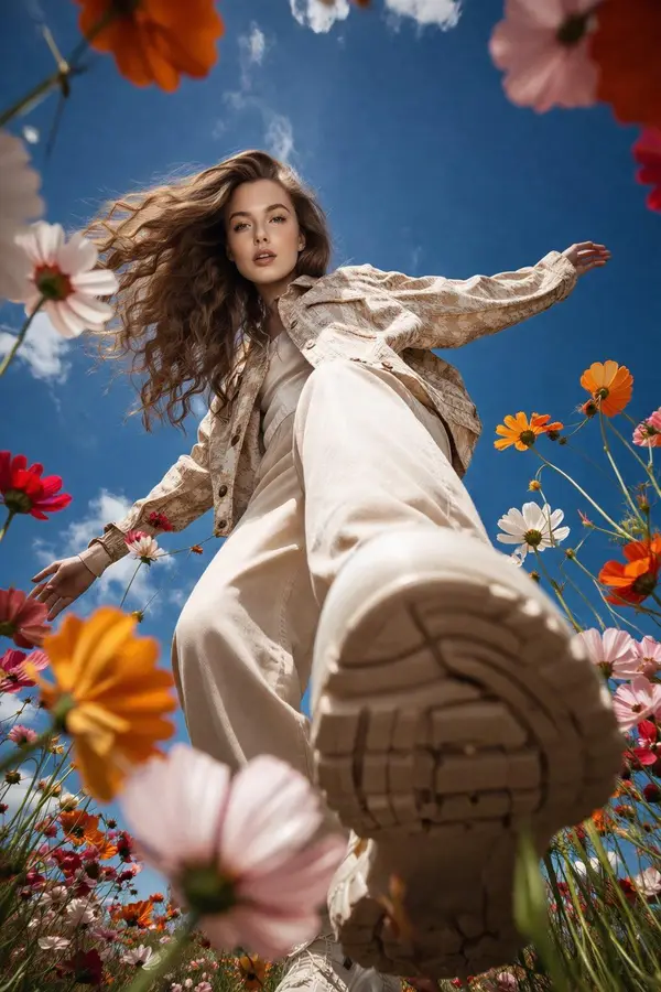 A cinematic ultra-wide low-angle shot of a stylish young woman walking through… — Nano Banana Pro prompt by @Taaruk_