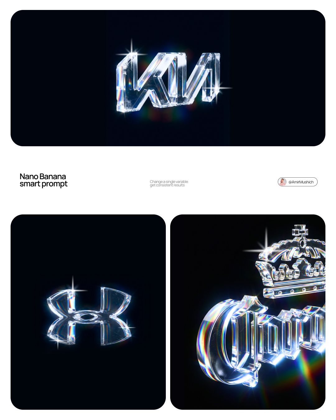 Nano Banana smart prompt: 3D crystal glass logo Prompt 👇 Save my design &… — AI-generated image by @AmirMushich using Nano Banana 2