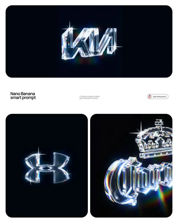 Nano Banana smart prompt: 3D crystal glass logo Prompt 👇 Save my design &… — Nano Banana 2 prompt by @AmirMushich