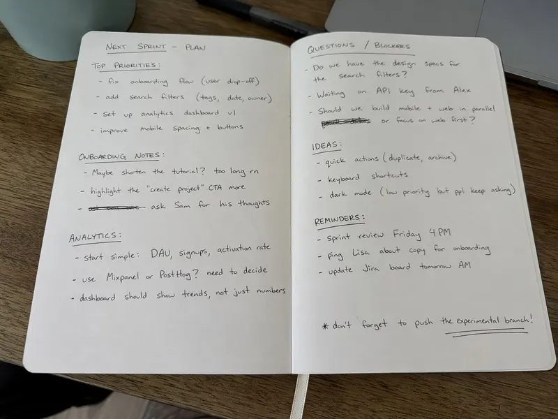 [中文] 一张平放着的打开的笔记本的业余照片，里面填满了用黑色圆珠笔写的手写笔记。笔迹随意且略显凌乱，就像个人笔记，自然的瑕疵，划掉的单词，划线的标题。从略高角… — GPT Image 2 prompt by @patrickassale