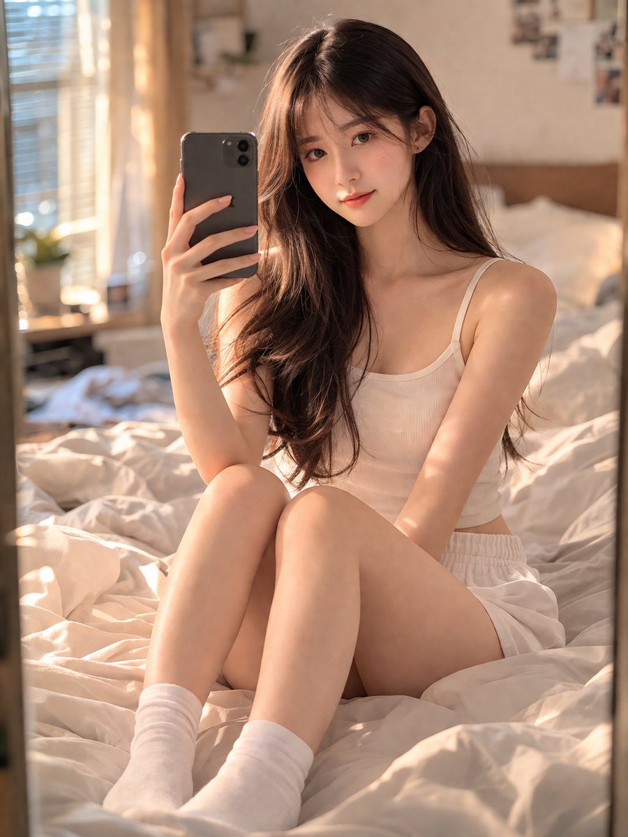 [中文] 一个惊艳的18岁中国女孩，拥有年轻纯真的脸庞和逼真的皮肤纹理，坐在她卧室里一张舒适且略显凌乱的床上。她正用智能手机拍镜子自拍，捕捉一个自然且亲密的瞬间… — AI-generated image by @Shinning1010 using GPT Image 2