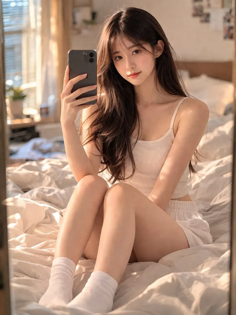 [中文] 一个惊艳的18岁中国女孩，拥有年轻纯真的脸庞和逼真的皮肤纹理，坐在她卧室里一张舒适且略显凌乱的床上。她正用智能手机拍镜子自拍，捕捉一个自然且亲密的瞬间… — GPT Image 2 prompt by @Shinning1010