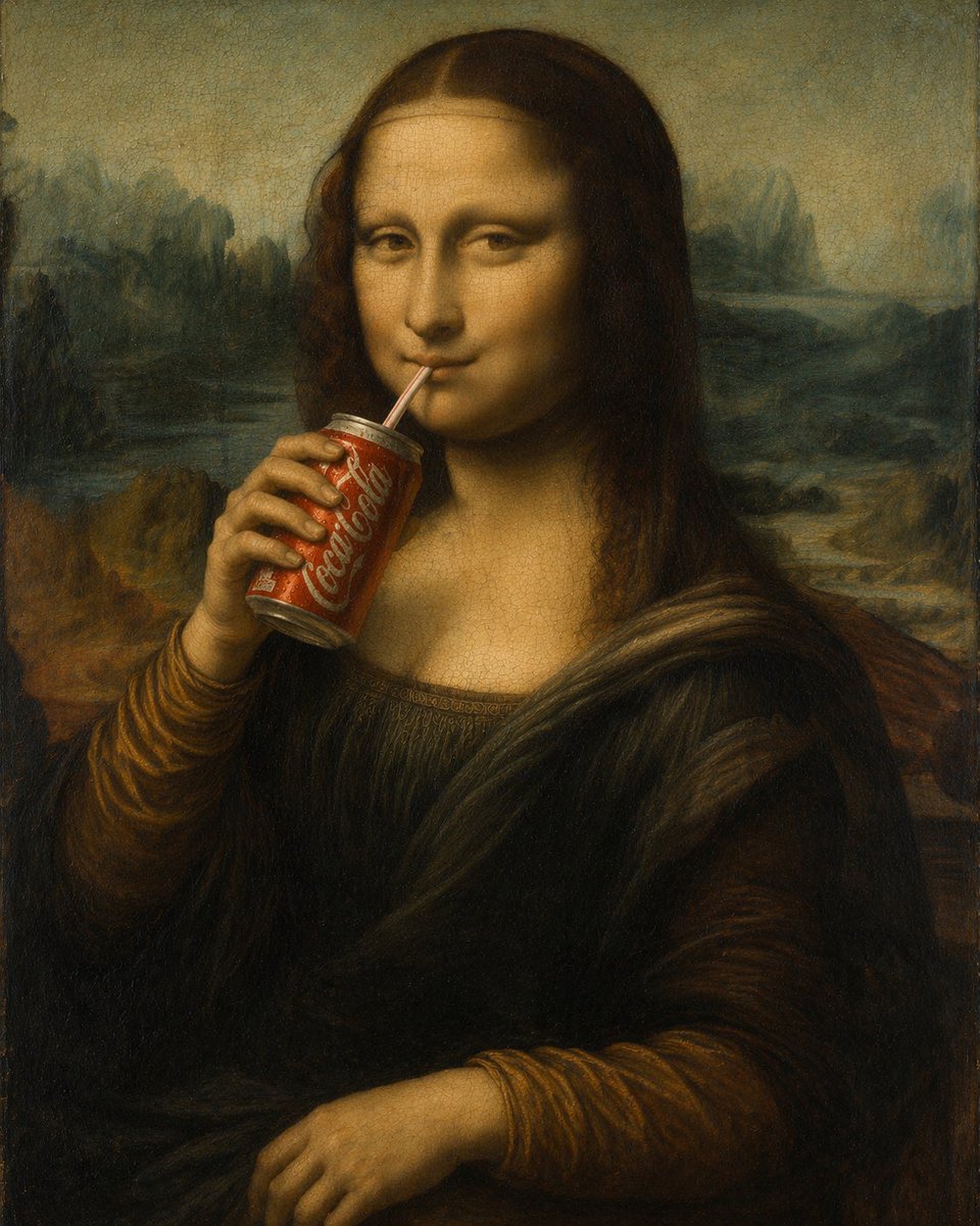 [中文] 生成一张蒙娜丽莎喝可乐的油画。 [English] Generate an oil painting of Mona Lisa drinking… — AI-generated image by @liyue_ai using GPT Image 2