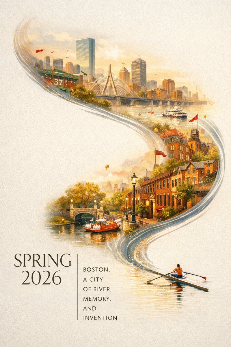 [中文] 一张引人注目的2026年春季波士顿城市海报，具有优雅的庆典氛围和大胆的当代设计。在干净的米白色纹理背景上，带有大面积的留白，一个微型的单人赛艇手在图像… — AI-generated image by @BubbleBrain using GPT Image 2