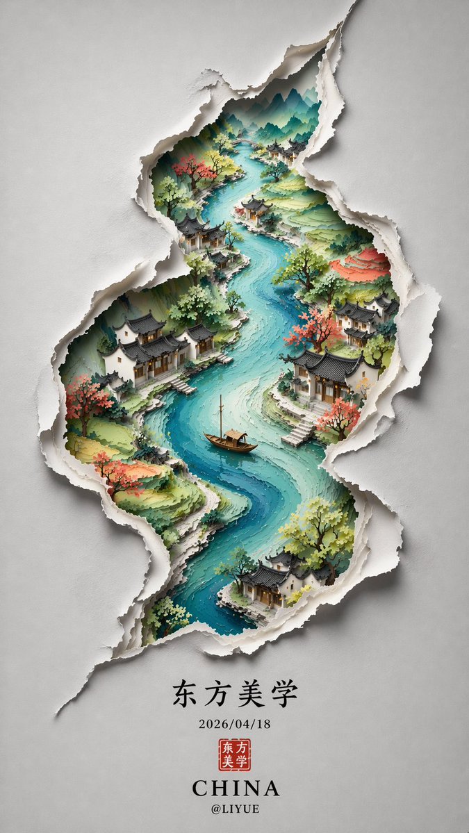 [中文] 极简新中式美学风格，画面以淡雅的灰白色为底，呈现出一种纸艺剪影般的立体感。 一条S形蜿蜒的裂痕状边缘将画面分割，仿佛撕开了一层纸面，露出内部色彩斑斓的… — AI-generated image by @liyue_ai using GPT Image 2