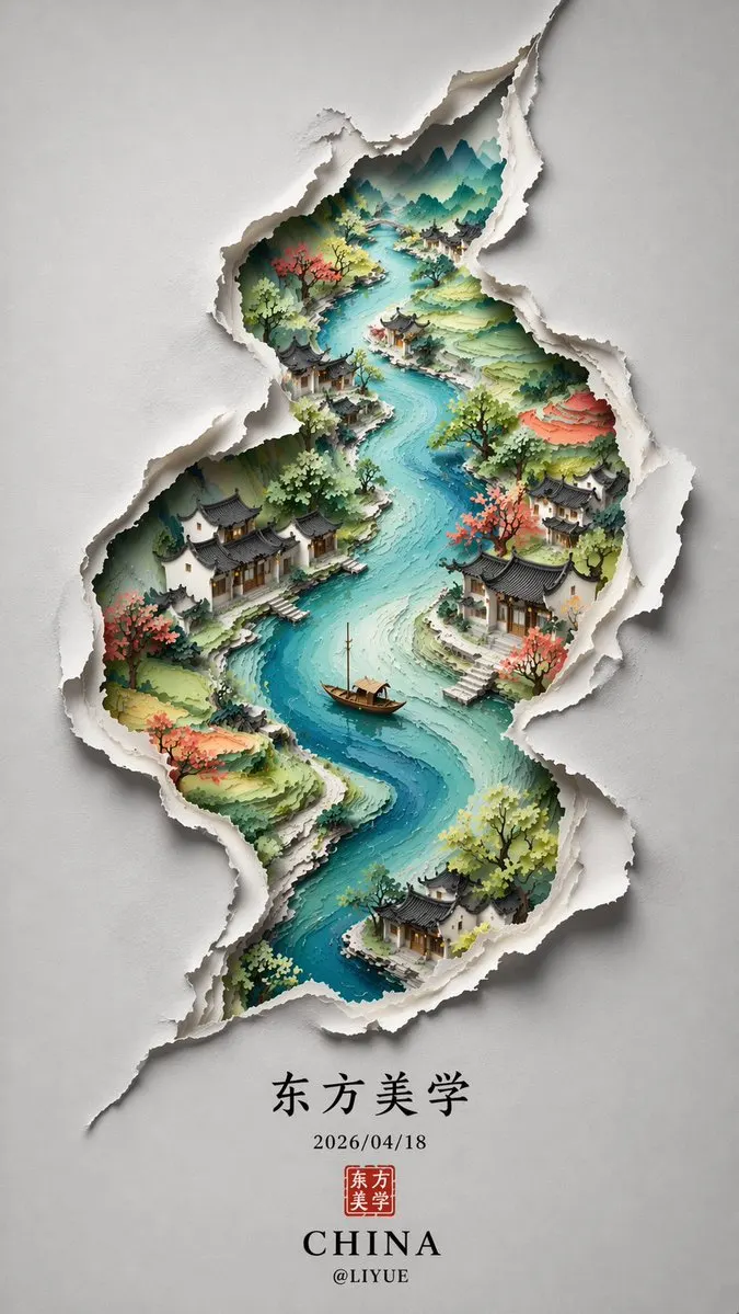 [中文] 极简新中式美学风格，画面以淡雅的灰白色为底，呈现出一种纸艺剪影般的立体感。 一条S形蜿蜒的裂痕状边缘将画面分割，仿佛撕开了一层纸面，露出内部色彩斑斓的… — GPT Image 2 prompt by @liyue_ai