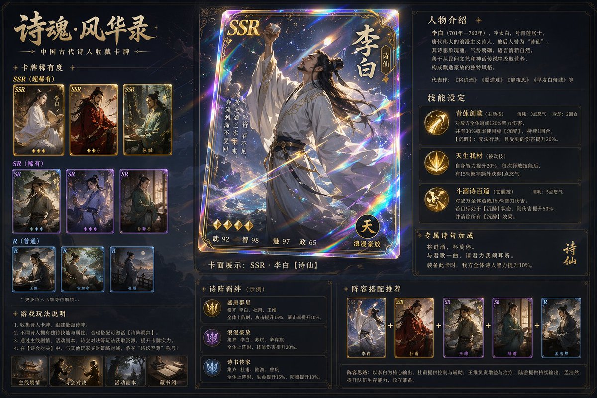[中文] 为中国古代诗人设计一套游戏卡片，并按照SSR SR R 分级，重点卡片有放大展示的效果，包括卡面设计和人物介绍，有很高级的游戏卡片质感，稀有卡片还会有… — AI-generated image by @TanShilong using GPT Image 2