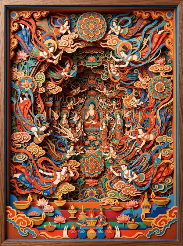 Eye-level straight-on view, 3D layered paper cut-out diorama. Vermillion red,… — Midjourney prompt by @0x00_Krypt
