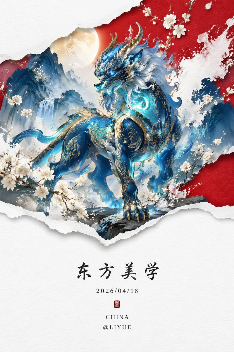 [中文] 极简主义，新中式风格立体图形设计，图像下端有楷体中国文字：“东方美学”，“2026/04/18”，署名 “CHINA”，和“ @LIYUE "；… — GPT Image 2 prompt by @liyue_ai