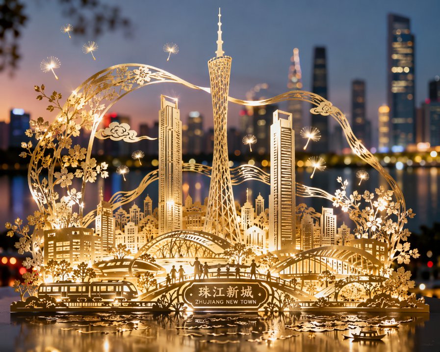 [中文] 以珠江新城现代都市景观为灵感的剪纸艺术，通过精巧的镂空手法在一整幅纸上，立体刻画广州塔、东西双塔等地标建筑与繁华城景。… — AI-generated image by @liyue_ai using GPT Image 2
