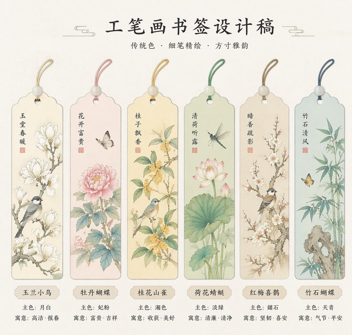 [中文] 生成一系列工笔画书签的设计稿 [English] Generate a series of design drafts for Gongbi… — AI-generated image by @akokoi1 using GPT Image 2