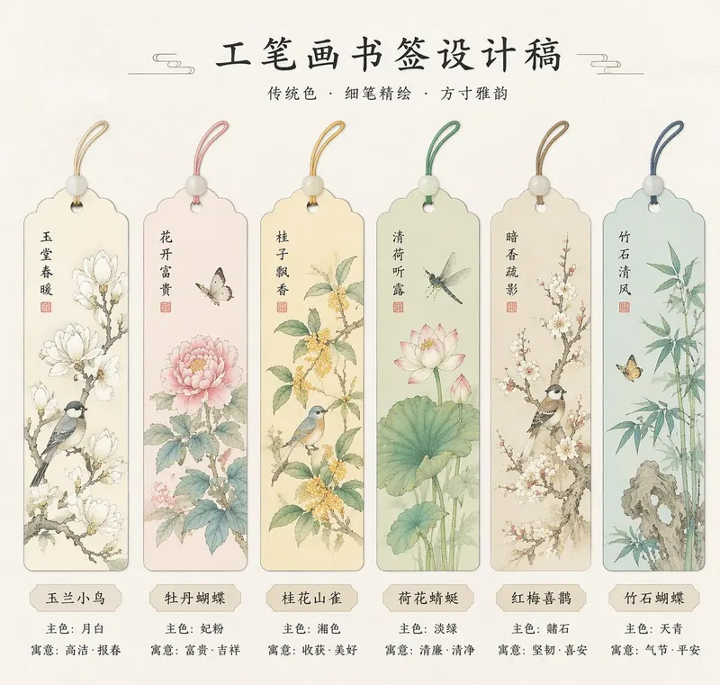 [中文] 生成一系列工笔画书签的设计稿 [English] Generate a series of design drafts for Gongbi… — GPT Image 2 prompt by @akokoi1
