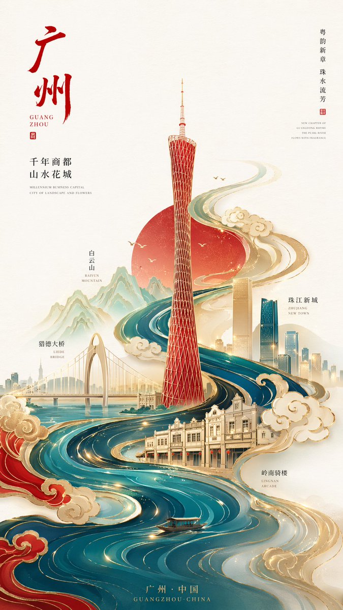 [中文] 新中式极简风格高端城市海报，9:16竖版构图，以广州为核心主题，画面中心为抽象几何化的广州塔，造型简洁但具有辨识度，… — AI-generated image by @liyue_ai using GPT Image 2