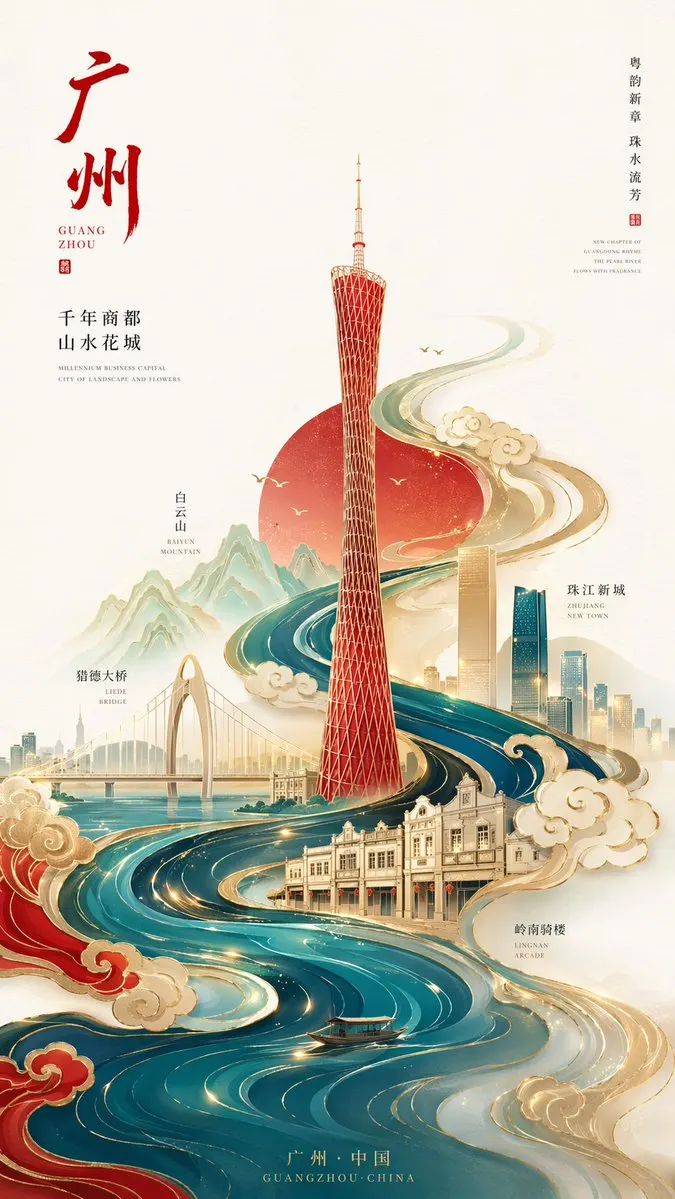 [中文] 新中式极简风格高端城市海报，9:16竖版构图，以广州为核心主题，画面中心为抽象几何化的广州塔，造型简洁但具有辨识度，… — GPT Image 2 prompt by @liyue_ai
