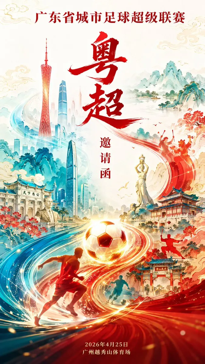 [中文] 广东省城市足球超级联赛（粤超）邀请函海报设计，比例9:16； S型流动构图，画面从下方向上延展，一条由足球运动轨迹形成的动态能量流贯穿画面，… — GPT Image 2 prompt by @liyue_ai